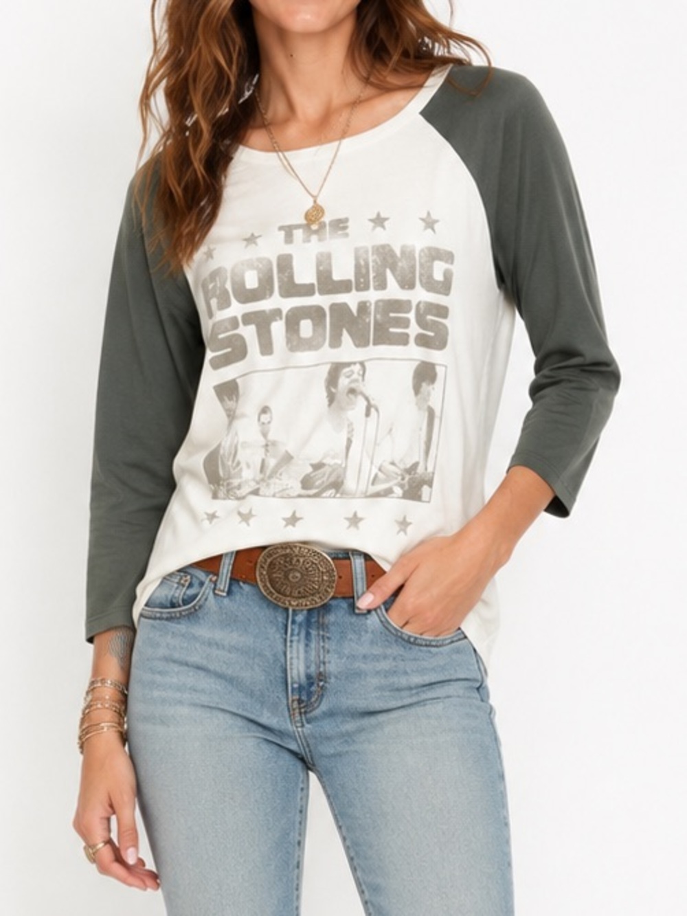 LUCKY BRAND Rolling Stones Raglan Graphic Tee - Size Large Boho Rock Band Top